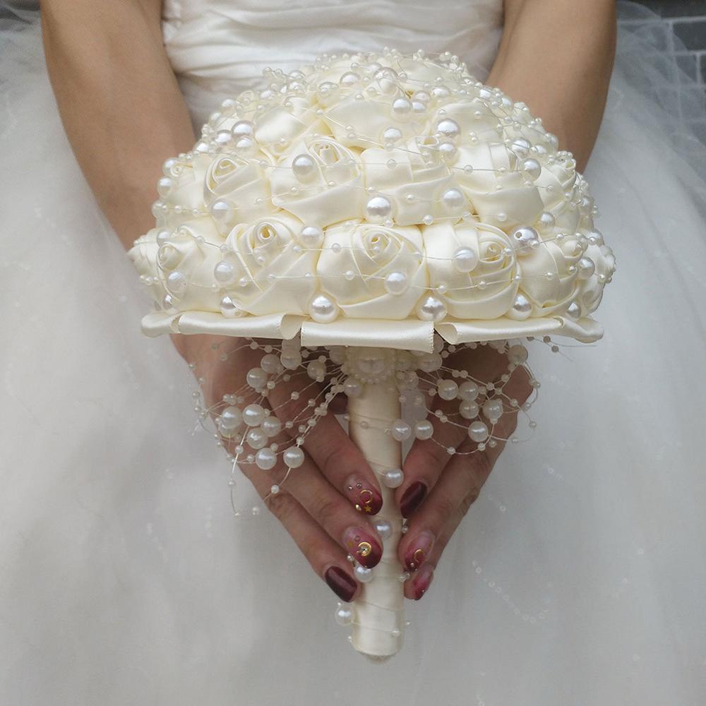 Pearls Beaded Bridal Bouquet Bridesmaid Wedding Flowers With Ribbon Ivory Rose Stunning