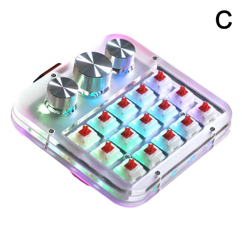 Macro Mechanical Keyboard Kit 3 Encoder 15Key Knob Swappable Keyboard One-handed Mini Keypad Support For QMK VIA Red Switch: C with lights