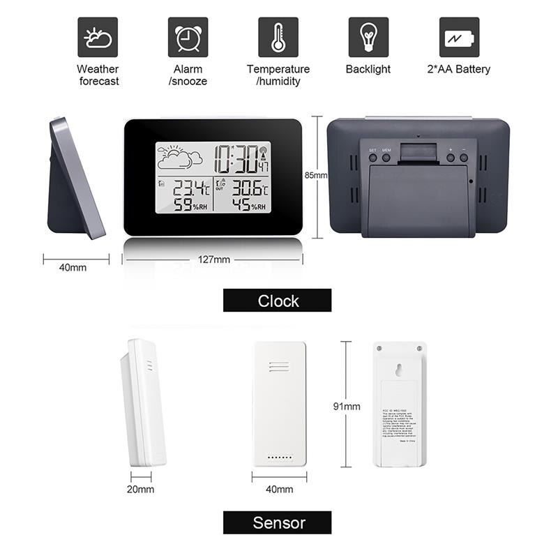 Wireless Weather Station Clock Thermometer LCD Digital Screen Outdoor Forecast Sensor Snooze Clocks Battery Power Hygrometer
