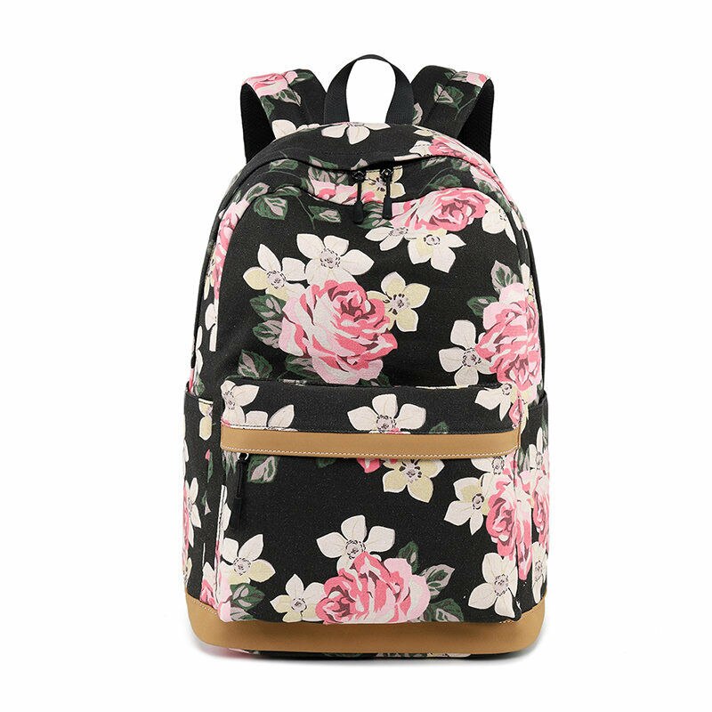Canvas Vrouwen Bloemen Rugzak Usb Opladen Schooltassen Voor Meisjes Reizen Rugzak: Black