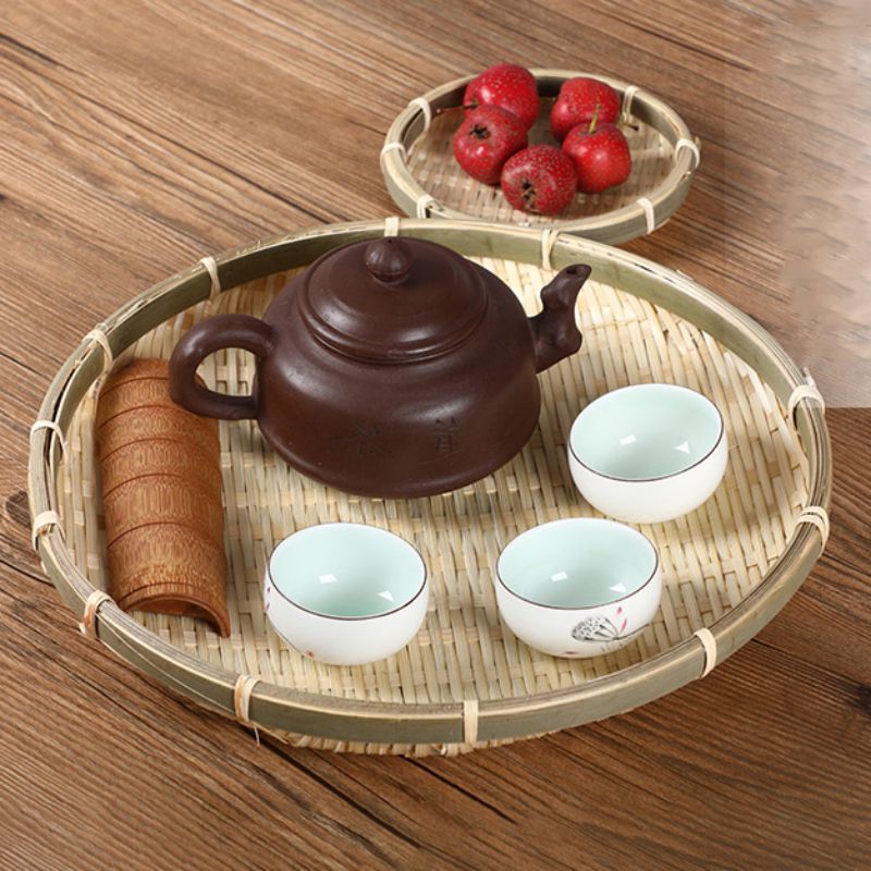 Handgemaakte Bamboe Zeef Rieten Weven Mand Ronde Fruit Brood Mand Platen Snack Voedsel Picknick Groente Gerechten Rotan Mand