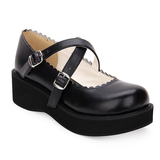 Dames Ronde Neus Wedge Maat 4 34 Platform Lolita Schoenen Klimplanten Kawaii Japanse Korting Medium Hakken Cross Strap zwart: 36