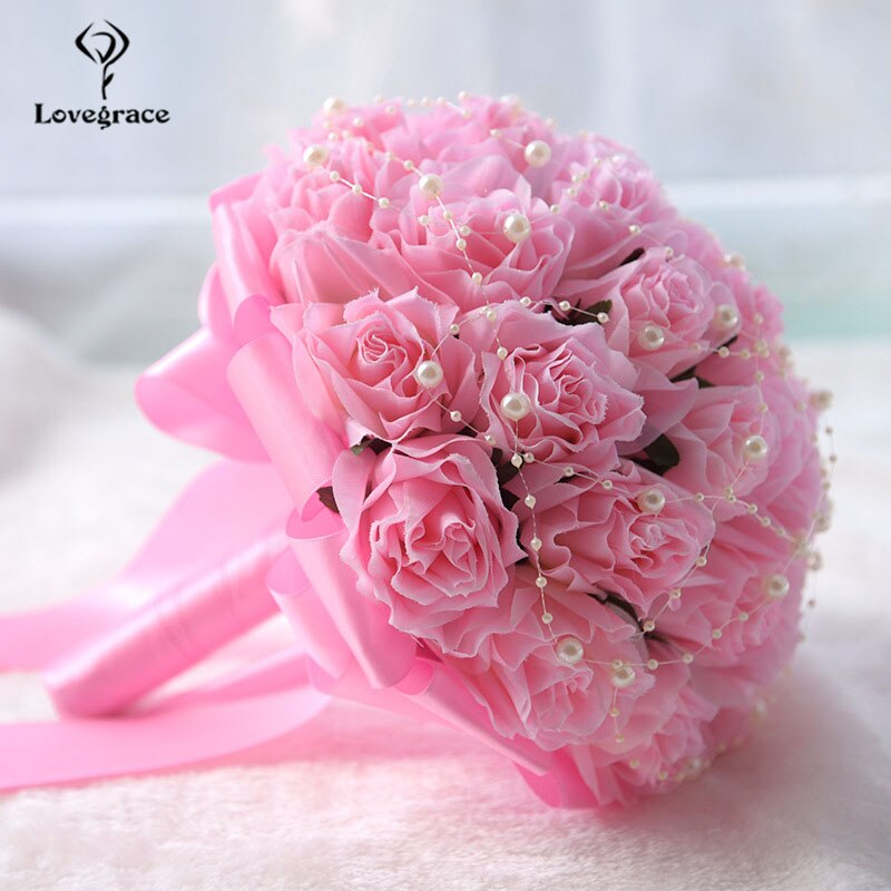 Bruiloft Bruidsboeket Holder Zijde Kunstmatige Rozen Roze Bruidsboeket voor Bruidsmeisjes Mariage Parel Decor Zijde Bloem Boeket
