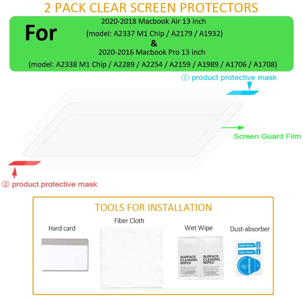 2-Pack Crystal Clear Screen Protector for Macbook Air 13 A1932/A2179/A2337 M1 Chip Macbook Pro 13 inchA2289/A2251/A2159/A1706