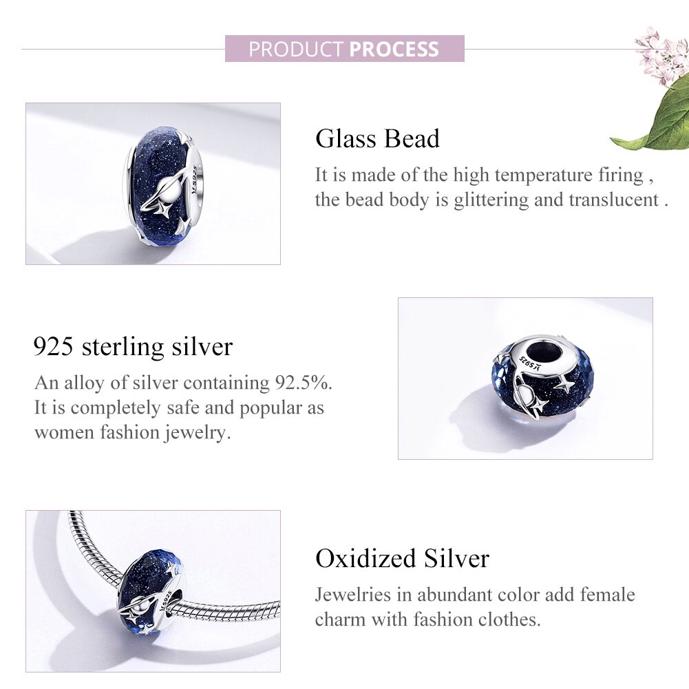 European Glass Beads BISAER 925 Sterling Silver Star Planet Glass Beads Charms fit Bracelets Bangles Silver 925 Jewelry ECC1284
