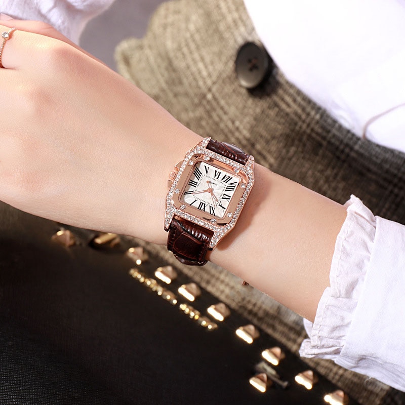 Vrouwen Diamanten Horloge Starry Luxe Armband Set Horloges Dames Casual Lederen Band Quartz Horloge Vrouwelijke Klok Zegarek Damski: Brown