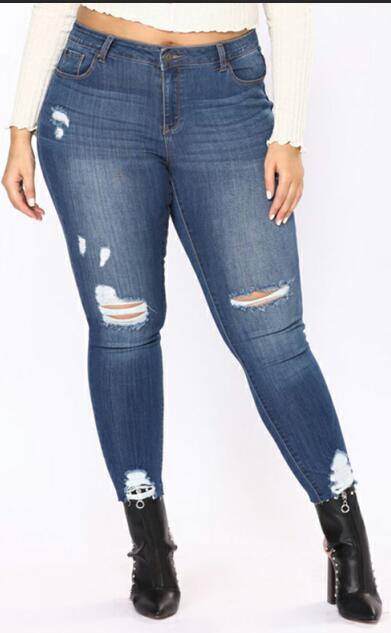 Pencil Blue Denim Pants Woman Ripped Hole Washed Jeans Female Big Hip Plus Size 7X Trousers: 5XL