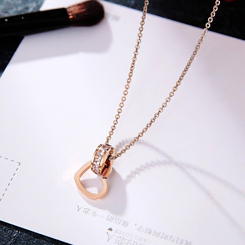 316L Stainless Steel Fashion Fine Jewelry Circle Zircon Love Heart Charms Chain Choker Collier Necklaces &amp; Pendants For Women
