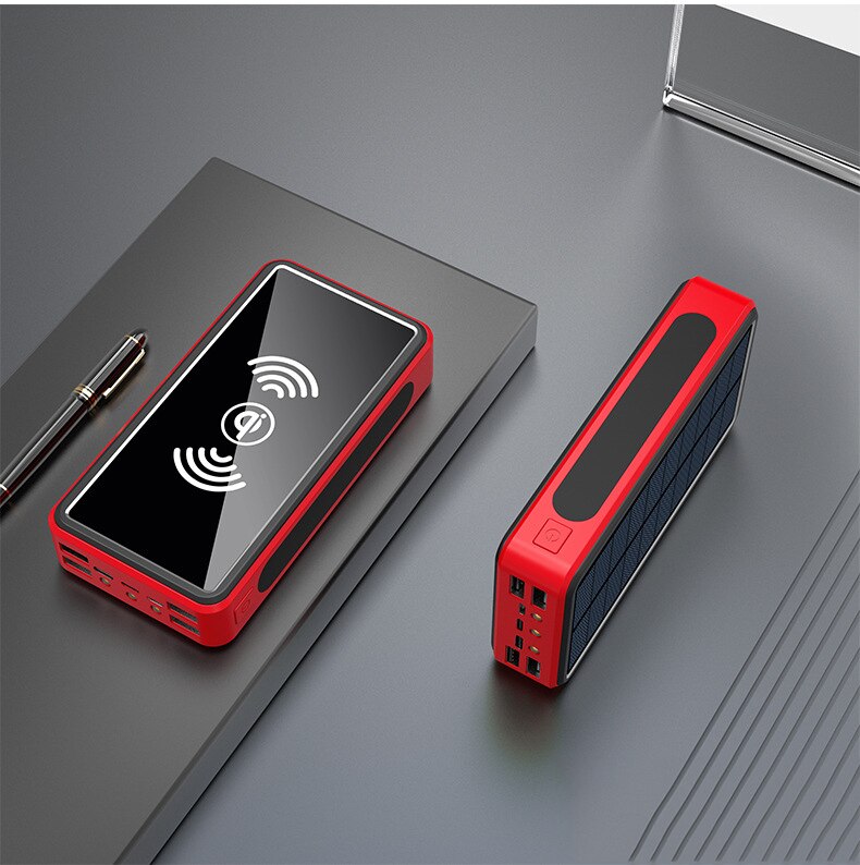 50000 mah zonne-energie powerbank, zonnelader, qi draadloos opladen, usb type c externe batterij, powerbank voor iphone, xiaomi powerbank: Rood