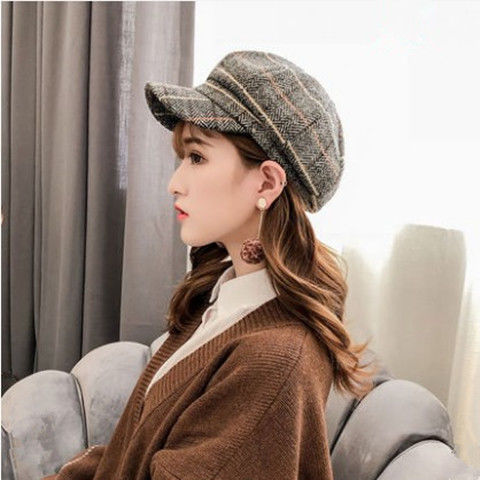 Falll Winter Plaid Wool Newsboy Hat for Women Octagonal Newsboy Cap Ladies French Disigner Hat Casual Hat Girls Painter Cap