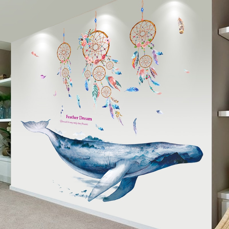 Walvis muurstickers vinyl diy dromenvanger veren muurstickers voor kinderkamers babykamer kinderkamer huisdecoratie