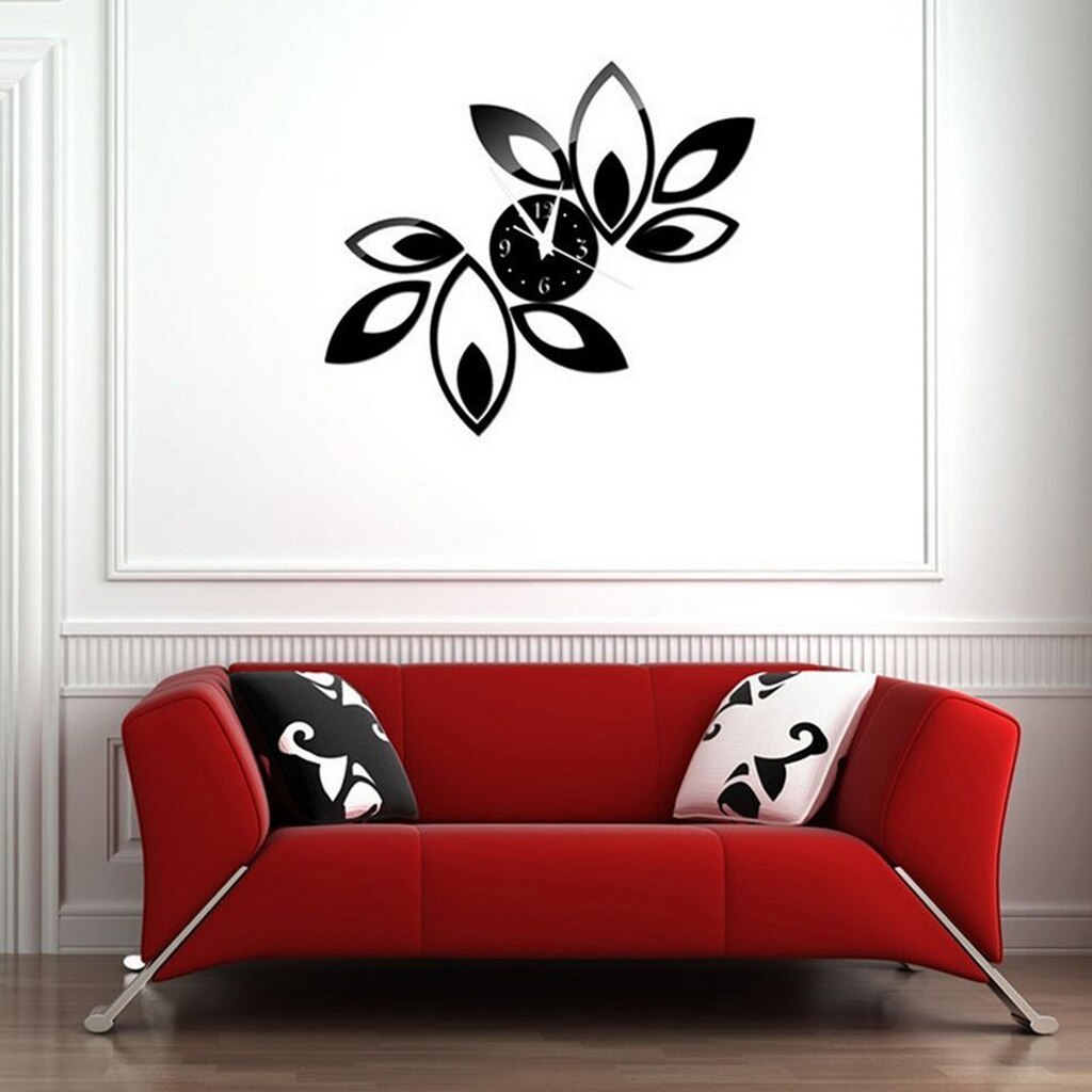 Removable DIY 3D Acrylic Clock Mirror Lotus Wall Sticker Mural Decals Black