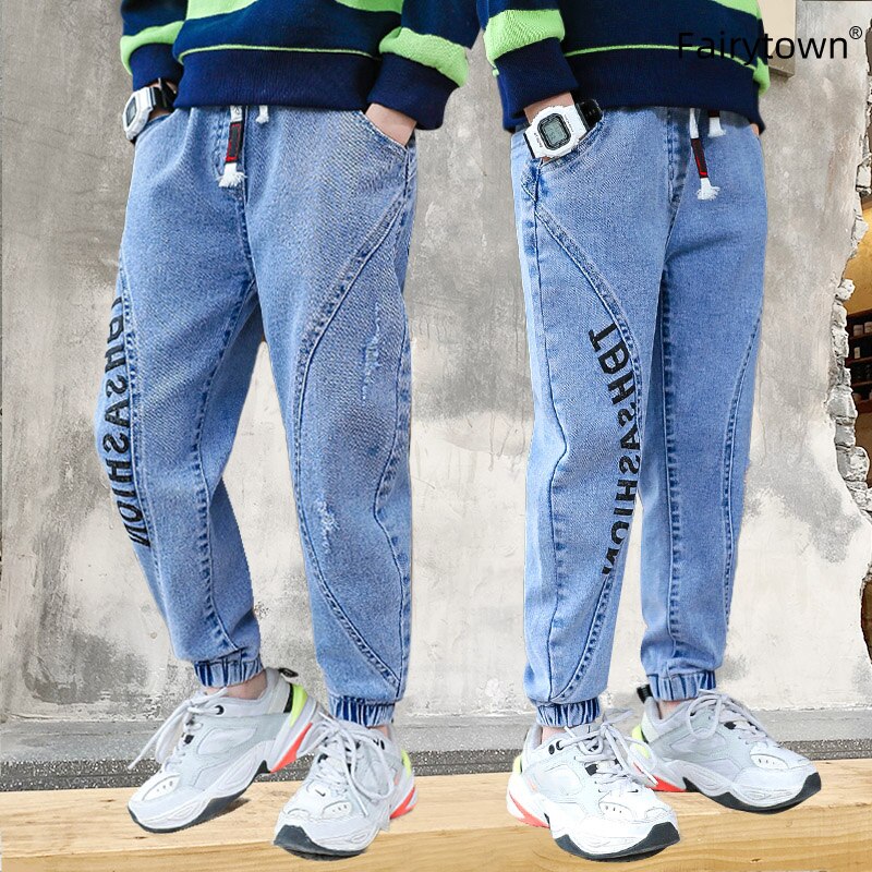 Jeans per ragazzi pantaloni Cargo per adolescenti pantaloni larghi moda Hip-hop pantaloni Harem con cuciture blu 4 6 8 10 12 14 16 anni