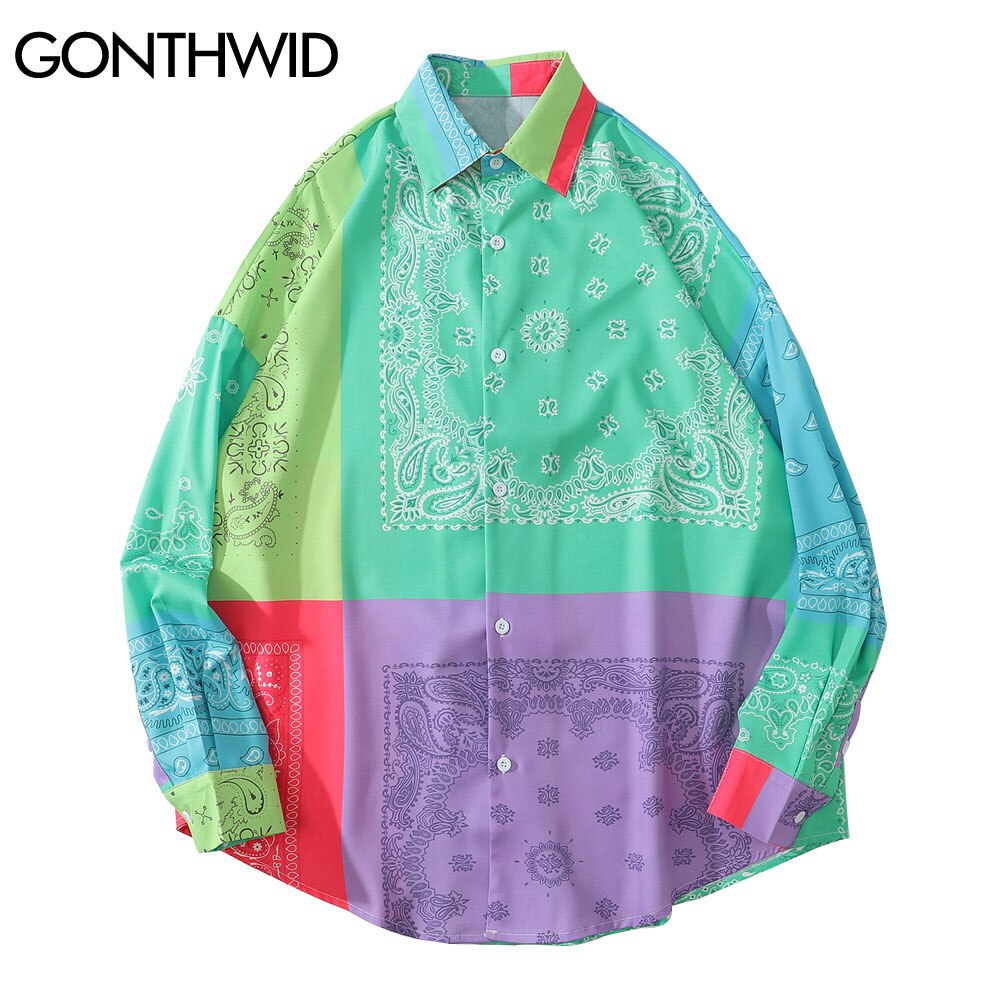 GONTHWID Bandana Paisley Pattern Color Block Hawaiian Shirts Beach Casual Long Sleeve Shirt Tops Party Harajuku Blouse