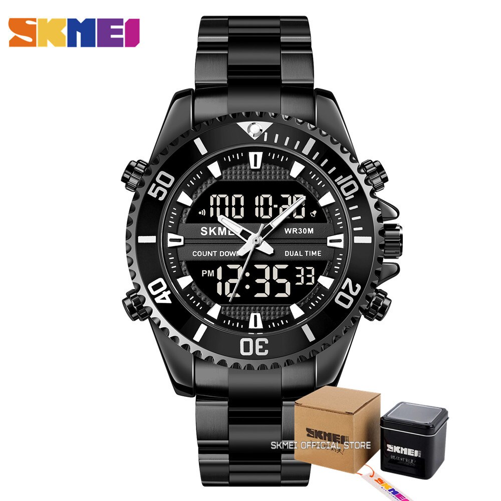 Skmei Dual Display Horloges Heren Mode Digitale Horloges Chrono Alarm Mannen Klok Waterdichte Rvs Relogio Masculino: black with box