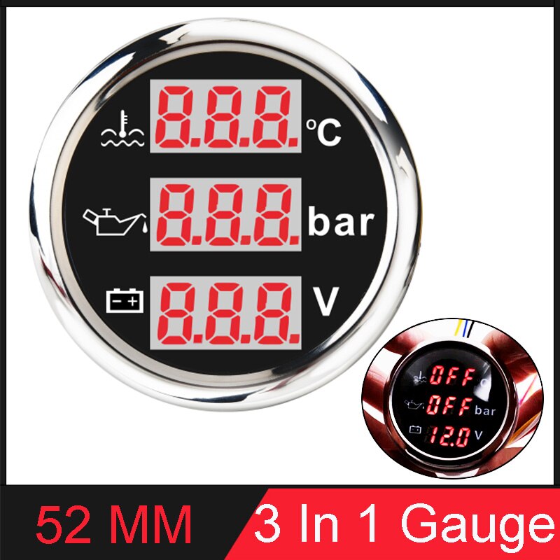 Boat Multi-Function Digital Gauge 3 in 1 Water Temp Oil Pressure Voltmeter With Alarm Red Backlight Meter For Car Boat Universal