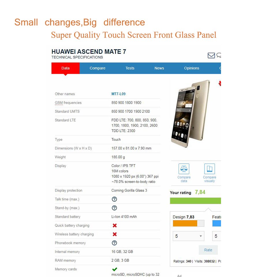 6.0 "para huawei ascend companheiro 7 sensor do painel de toque da tela toque digitador vidro frontal exterior nenhum lcd substituição MT7-L09 MT7-L10