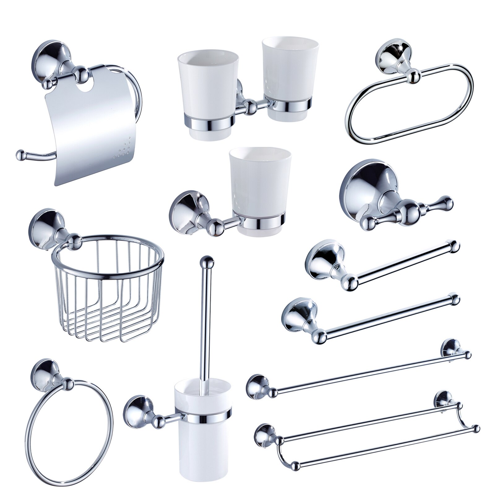 Juego de accesorios cromados para baño, barra de toalla doble de latón cromado, estante de cepillo de inodoro, soporte de rollo de papel para WC, juego de accesorios de baño