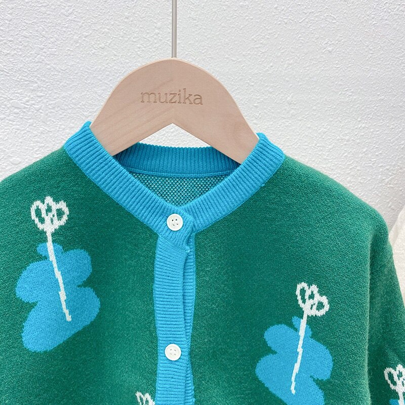 Suéter de estilo coreano para niños y niñas, cárdigan de punto de manga larga con dibujos animados, ropa de chico E2176, color verde, , Otoño,