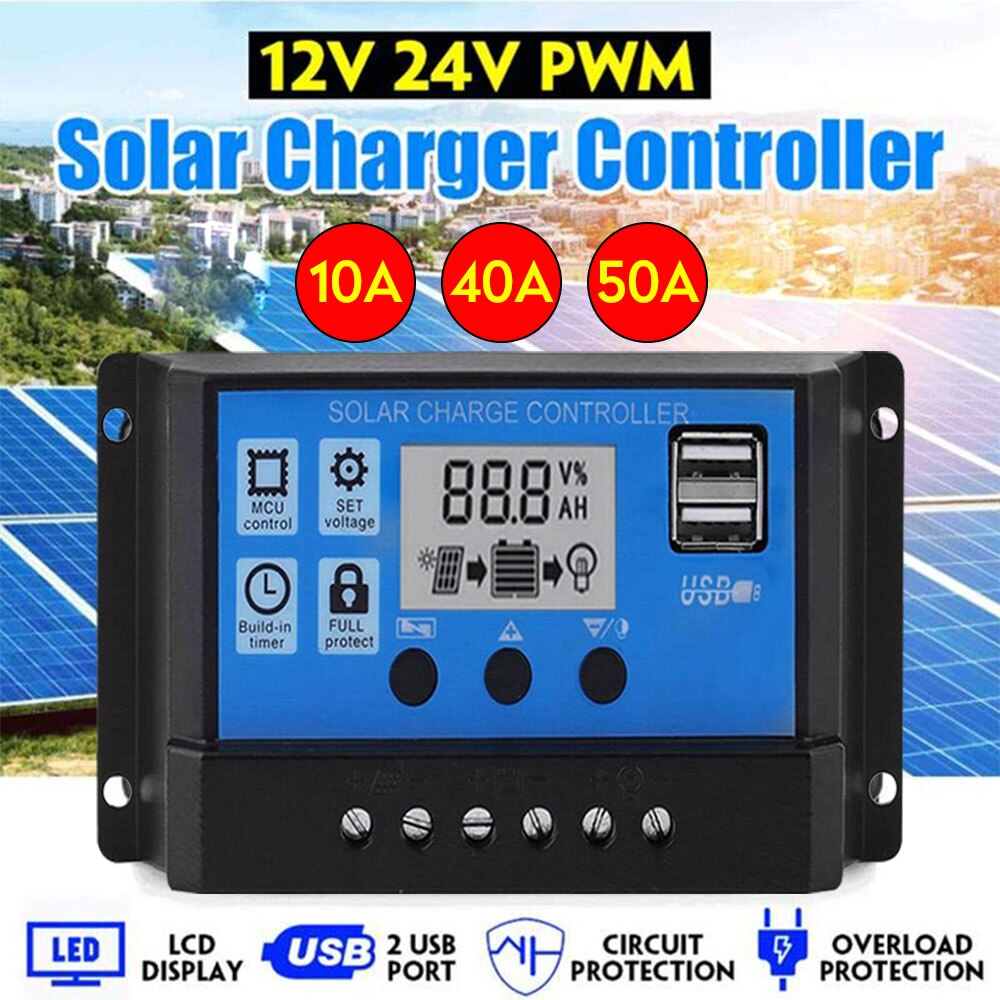 100A/50A/40A/10A Auto Solar Laadregelaar LCD Dual USB 5V Output Zonnepaneel PV regulator 12 V/24 V