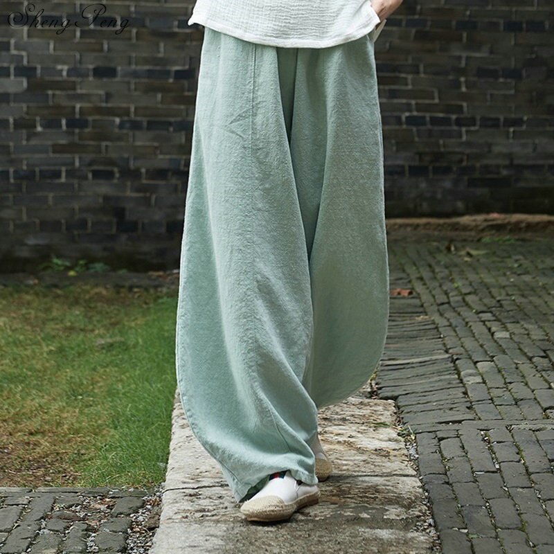 Pantalones de lino para mujer, ropa de lino para mujer, cintura elástica, cómoda, sólido, pierna ancha, blanco, talla libre, V1343: 3