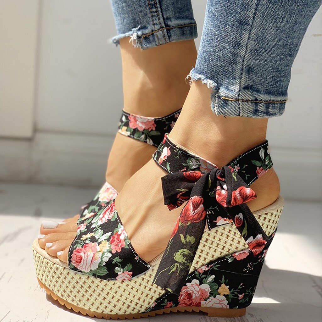 Zomer Wig Sandalen Vrouwen Dames Platform Wiggen Hak Sandalen Bloemen Strik Lace-Up Schoenen Open Teen dames Schoenen