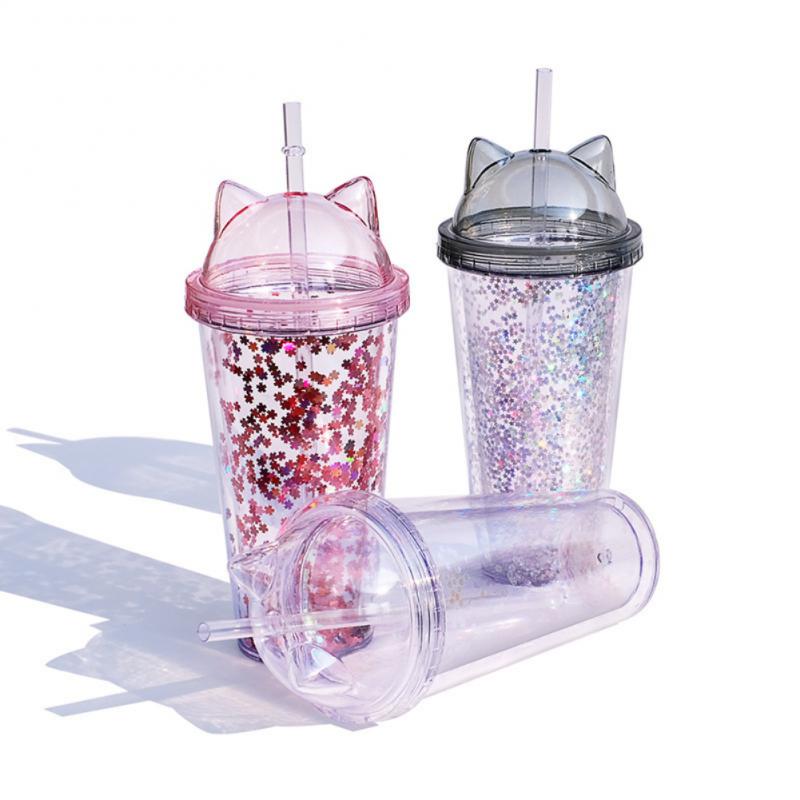 Tasse en plastique Transparent avec oreille de chat, Double couche, 473ml/16oz, tasse d&#39;eau, tasse de paille, tasse à café, gobelet avec paille