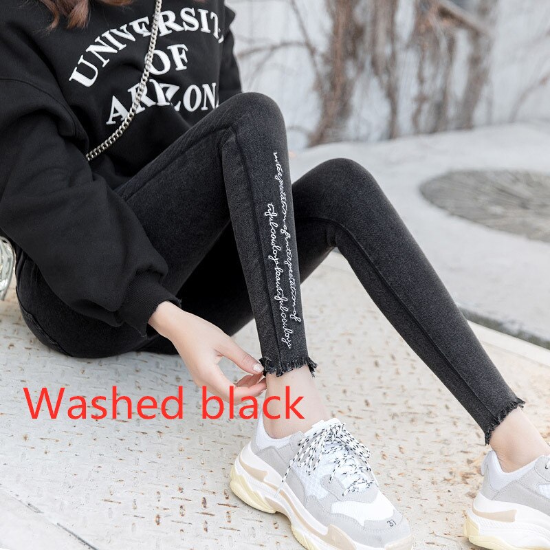 Stickerei Jeans Hohe Elastische Boyfriend-Jeans Weibliche Gewaschen Denim Dünne Weibliche Gedruckt Bleistift Hosen Zerrissene Streetwear Hosen: D809 washed black / M