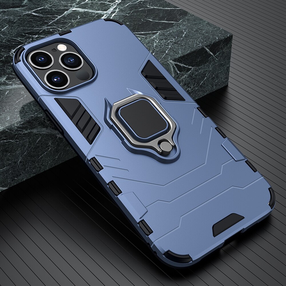 KEYSION Shockproof Armor Case for iPhone 12 Pro 12 Pro Max Ring Stand Silicone Phone Back Cover for Apple iPhone 12 Mini 12 Pro: for iPhone 12 / Navy Blue