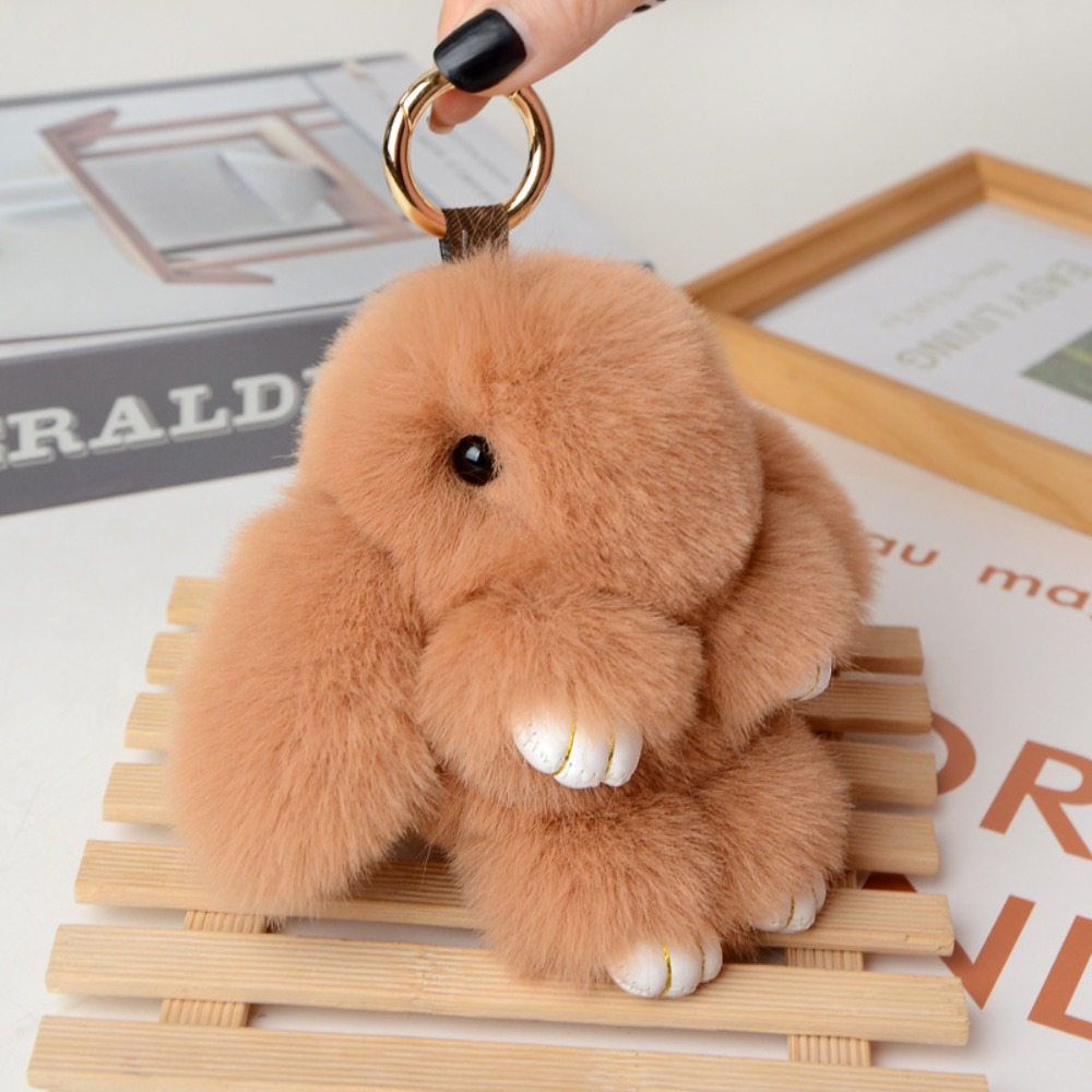 Ryggsekk anheng fluffy kaninpels pompong kanin nøkkelring myk søt kanin nøkkelring kunstig kanin jenteveske nøkkelring: Gull