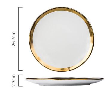 Assiette et bol en céramique à incrustation d'or, collection de vaisselle à bord doré, service de table blanc et noir doré: 10 inch white plate