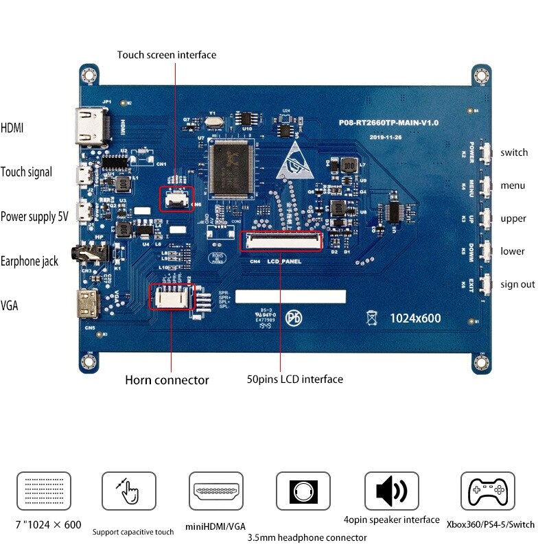 7 Inch HDMI-Compatible USB LCD Display Monitor 1024X600 HD Capacitive Press Screen Portable Monitor for Raspberry Pi