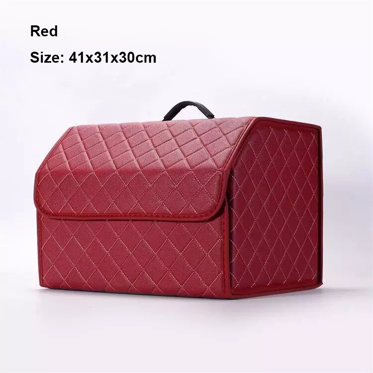 Car storage bag PU leather trunk storage box storage bag foldable car trunk storage and finishing high-end luxury storage box: Red medium