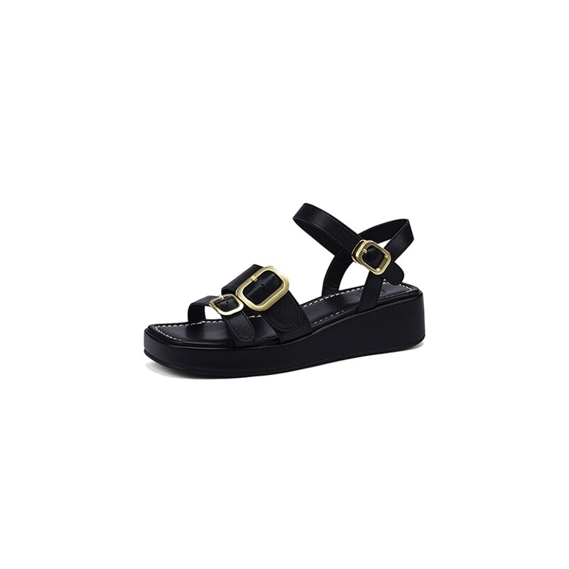 Meotina Shoes Women Genuine Leather Ankle Strap Sandals Flat Platform Buckle Ladies Footwear Summer Sandals Black Beige: black / 4