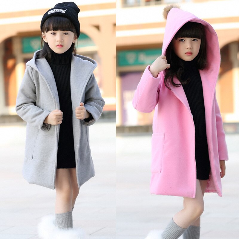 Retail Herfst/Winter Meisjes Mode Uitloper Kinderen Wollen Windjack Meisjes Jas Jas Katoen Korea Stijl Effen Kleur