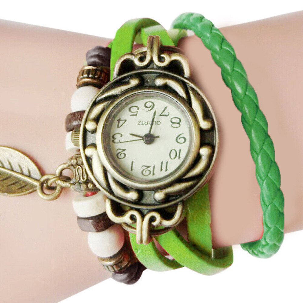 Vrouw Armband Horloge Lederen Band Leaf Hanger Ladie Horloge Retro Eenvoudige Quartz Lady Klok Relogi montre dames horloges # W