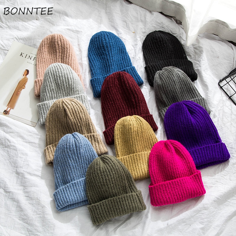 Huer kvinder solid strikket varm blød trendy hatte enkel koreansk stil dame uld afslappet kasketter matchende hue