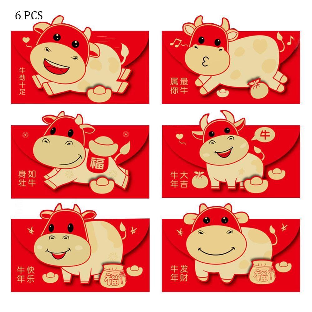 6pcs OX Lucky Chinese Red Envelopes Lucky Pockets Red Packet For Chinese Year Spring Birthday Marry Party: C