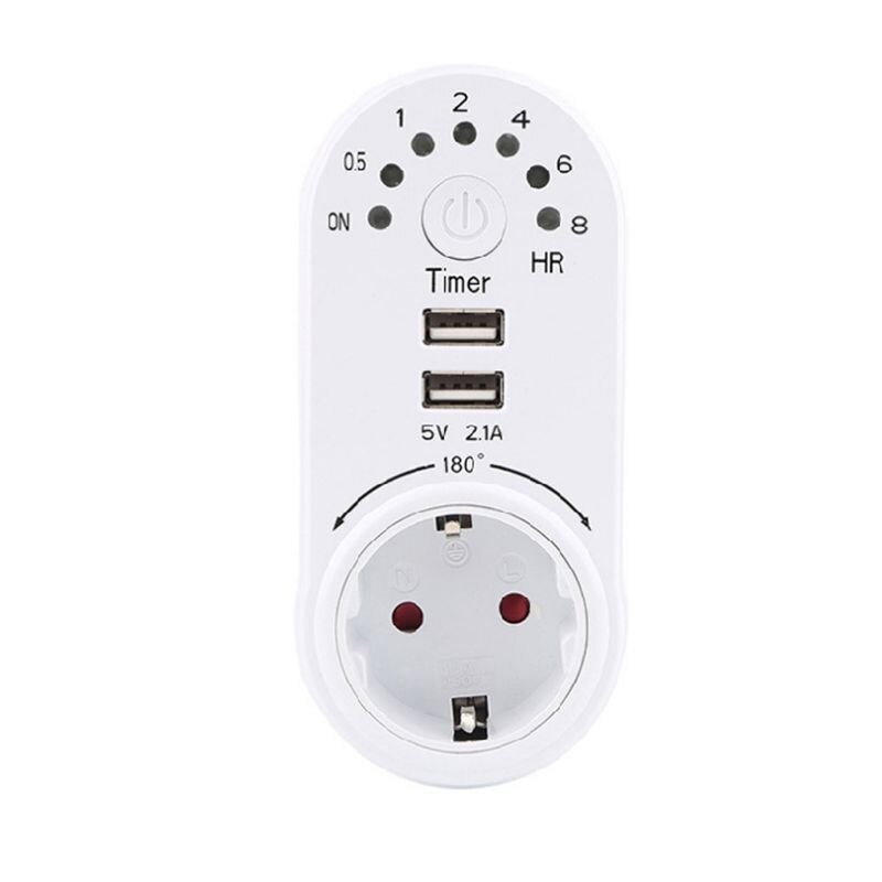 EU Plug Countdown Timer Socket Smart Control Dual USB Ports 180 Rotation 8 Hour