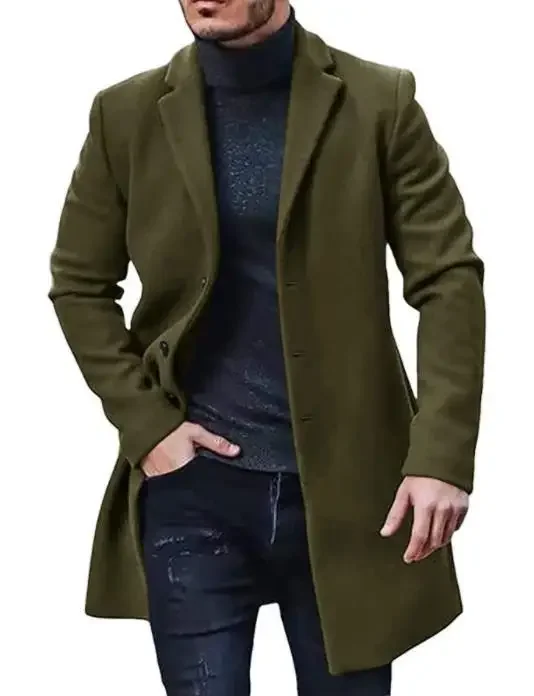 Men's Spring Autumn Mid length Cotton Coat Wool Blended Solid Color Casual Business Slim Fit Windproof Jacket: XXXL / army green