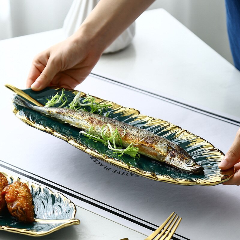 Criativo folha verde forma placa de cerâmica prato jewerlry ouro conjunto jantar porcelana carregador sobremesa louça sushi talheres