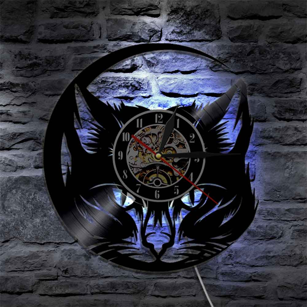 Kitten Head Cat Vinyl Record LP Wall Clock Black Cat Cat Lover Home Decorative Lighting Wall Watch Non-Ticking Glowing Led Lamp