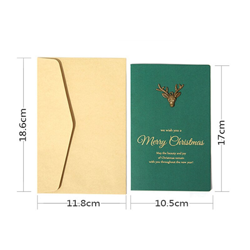 10Pcs/Set Vintage DIY Christmas Green Greeting Cards with Envelope Party Gold Embossed Invitation Postcards