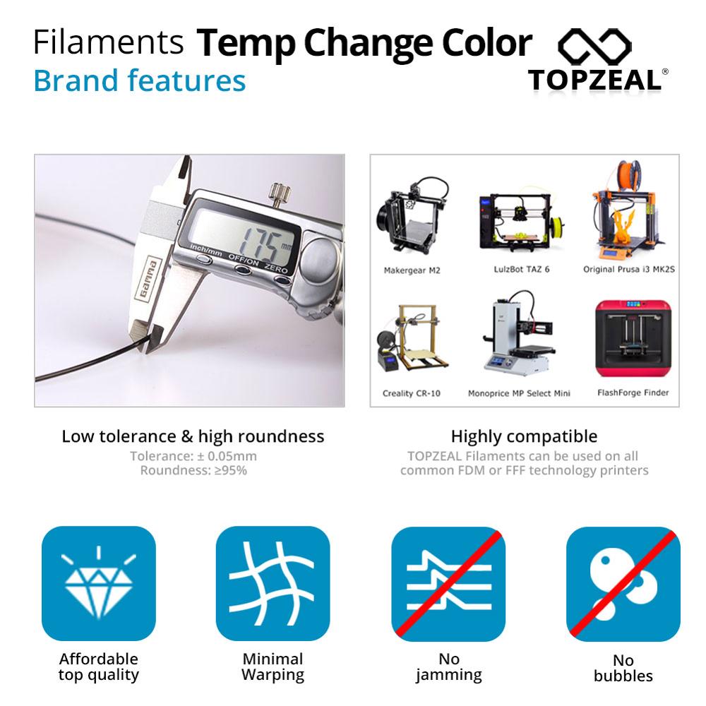 Filament de couleur de changement de température PLA de l'imprimante 3D TOPZEAL, précision dimensionnelle +/-0.05, bobine de 1 KG, 1.75mm, Orange à jaune