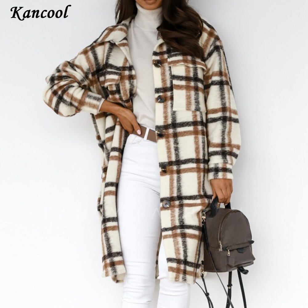 Kancool Gecontroleerd Vrouwen Jas Down Overjas Warme Plaid Lange Knop Revers Jas Oversized Dikke Wollen Blend Vrouwelijke Streetwear