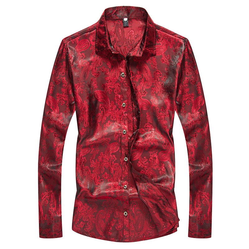 Purple Paisley Floral Shirt Men Autumn Slim Fit Gold Foil Printed Silk Shirt Male Casual Party Perform Chemise Homme