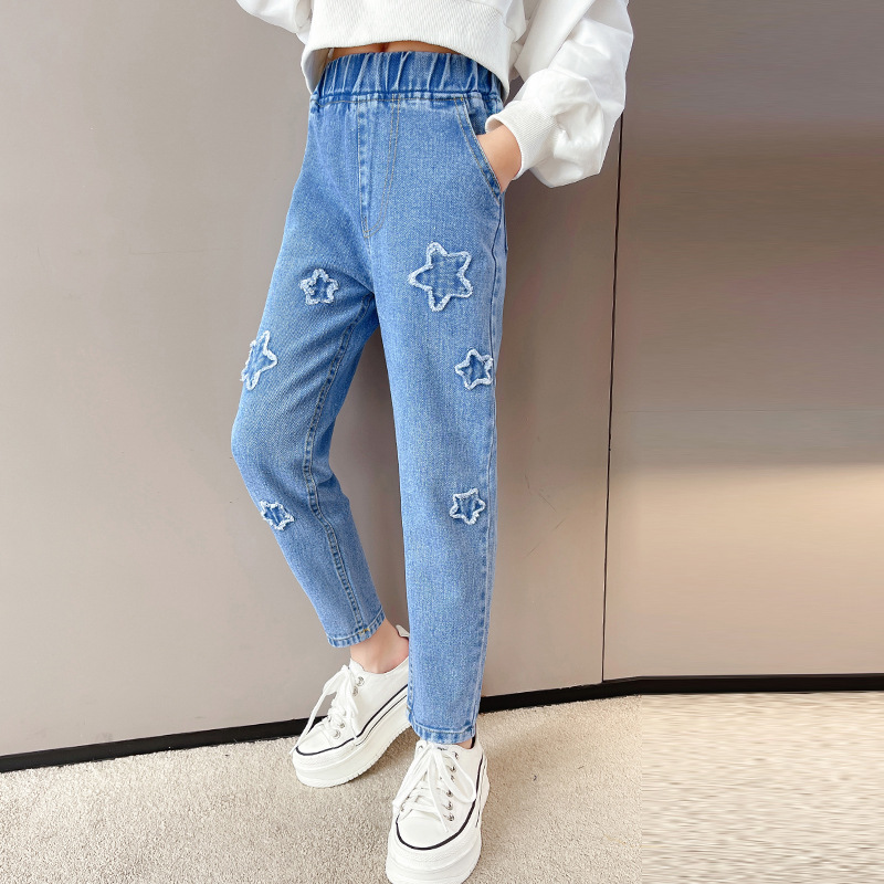 Pantalones vaqueros para niña, ropa para niño, pantalones vaqueros para niña adolescente, pantalones largos azules con cintura elástica, novedad, primavera y otoño