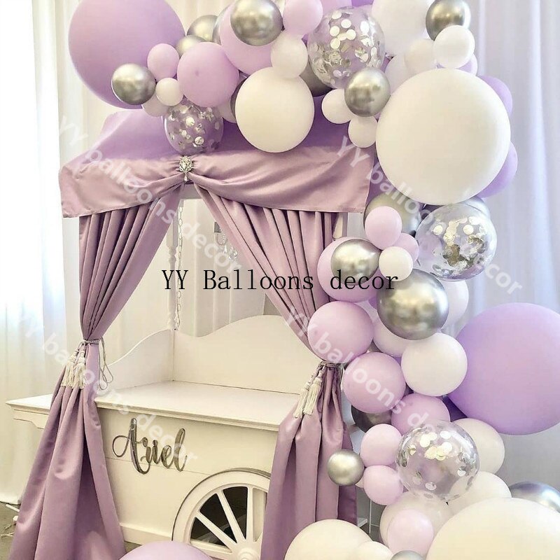 121 stücke Pastell Lila Weiß Macaron 1 Bogen Hochzeit Braut Dusche Partei Hintergrund Decoation Streifen Band Zauberstab Ballon
