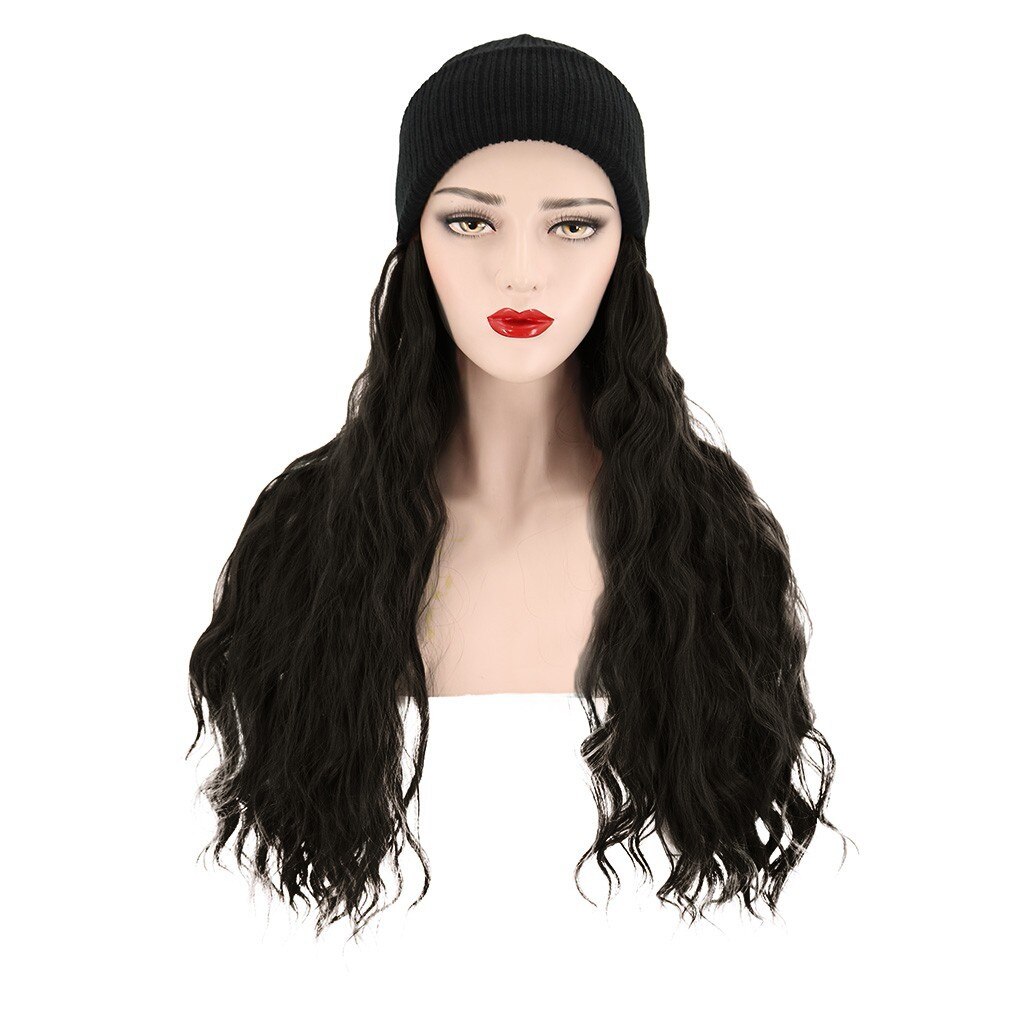 Synthetische Lang Krullend Knit Skiën Winter Hoeden Met Haar Pruik Beanie Bevestigd Hoed Pruik Voor Meisje Hangen Natuurlijke Katoen gemaakt #128