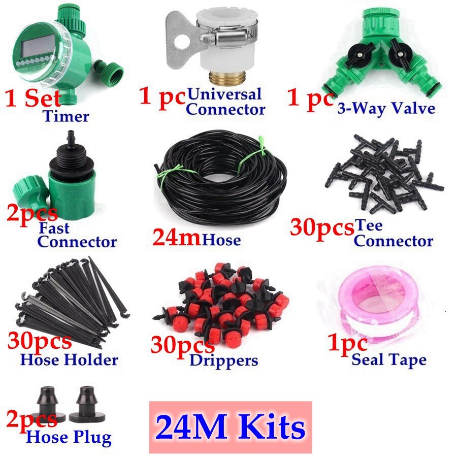 Sistema de riego por goteo con Control de temporizador DIY de 8 ~ 40m, Kit de riego automático, goteros ajustables, sistema de riego de flor de jardín de casa: 24m Kit
